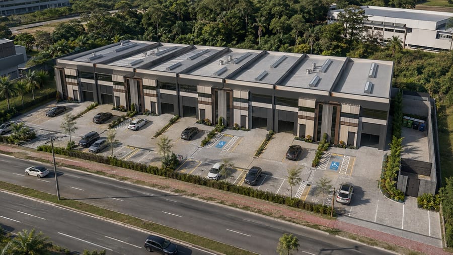 Vista aérea dos sete galpões comerciais com frente para a SC-403, em Vargem do Bom Jesus