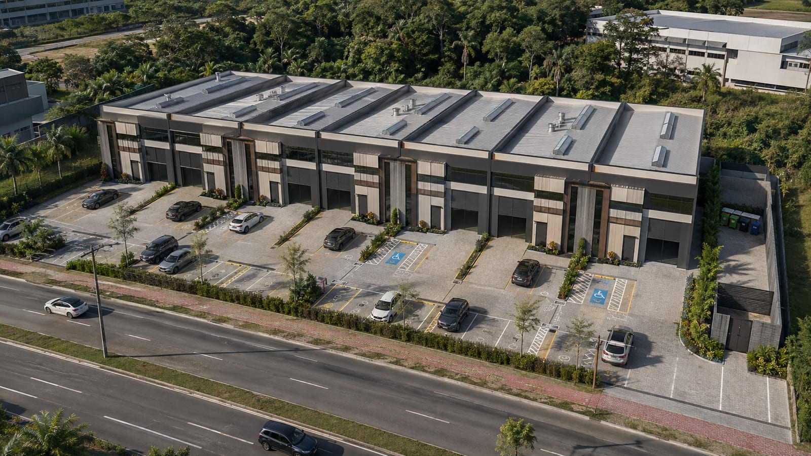 Vista aérea dos sete galpões comerciais com frente para a SC-403, em Vargem do Bom Jesus