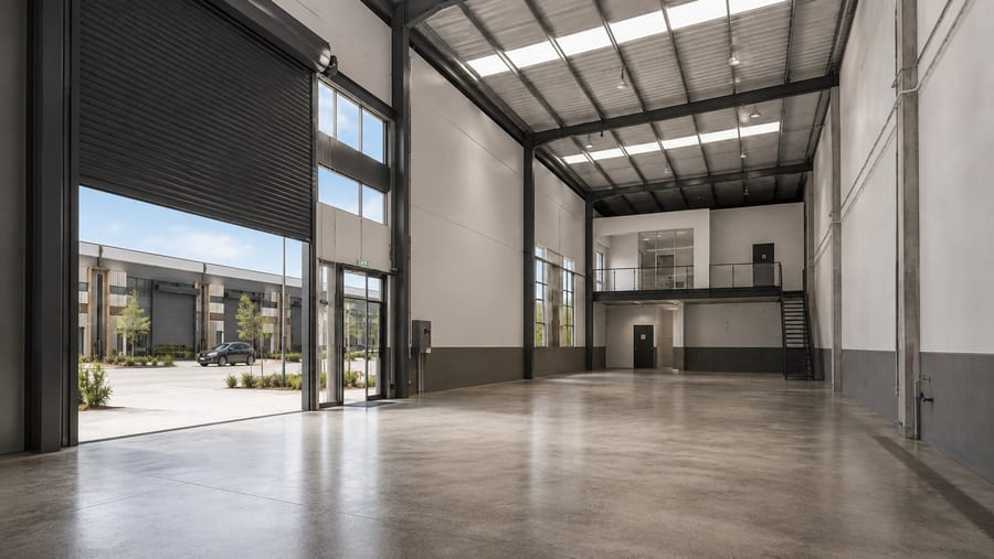 Imagem ilustrativa: interior de galpão com piso em concreto polido, iluminação zenital e mezanino