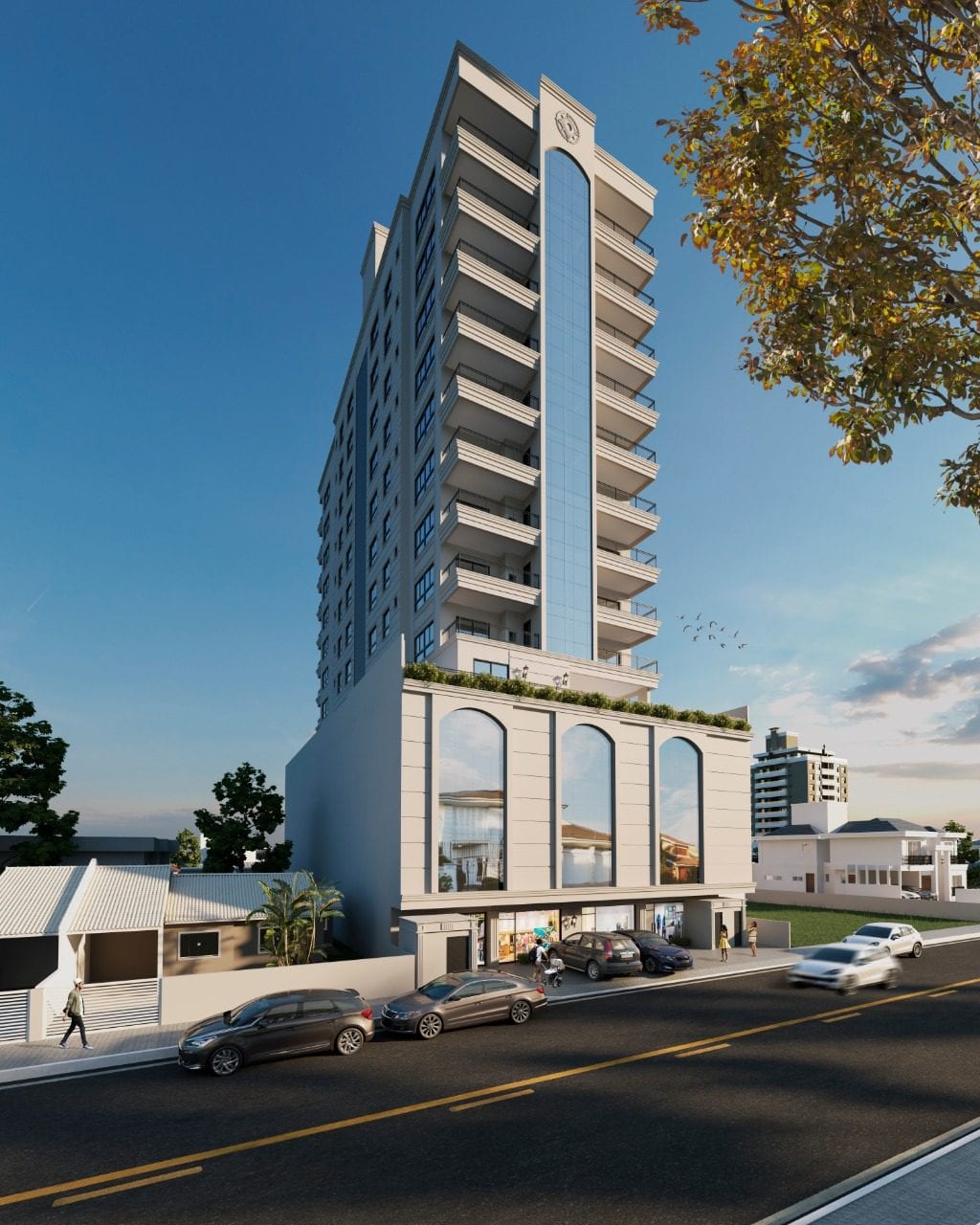 Fachada do edifício com as salas comerciais na Meia Praia, Itapema